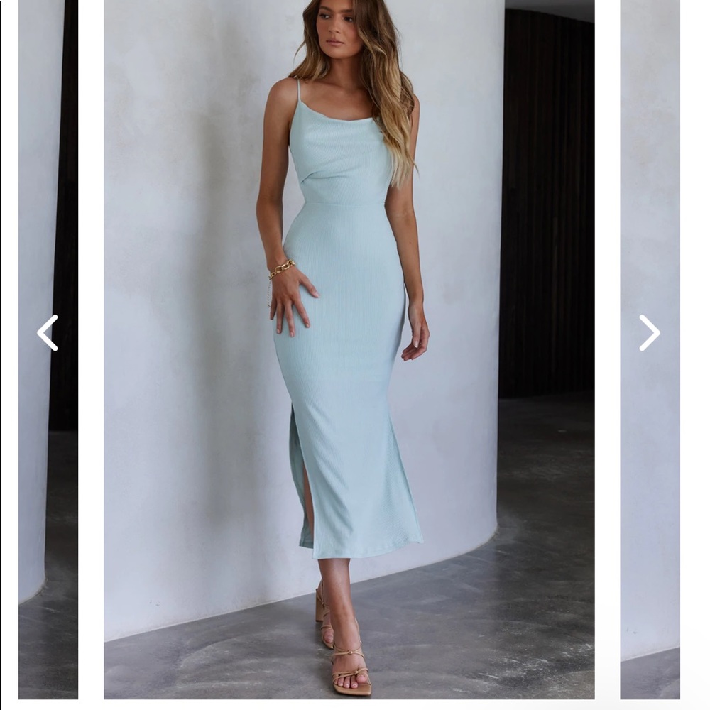 FRIEDA COWL NECK SIDE SPLIT RIBBED MAXI DRESS SKY BLUE